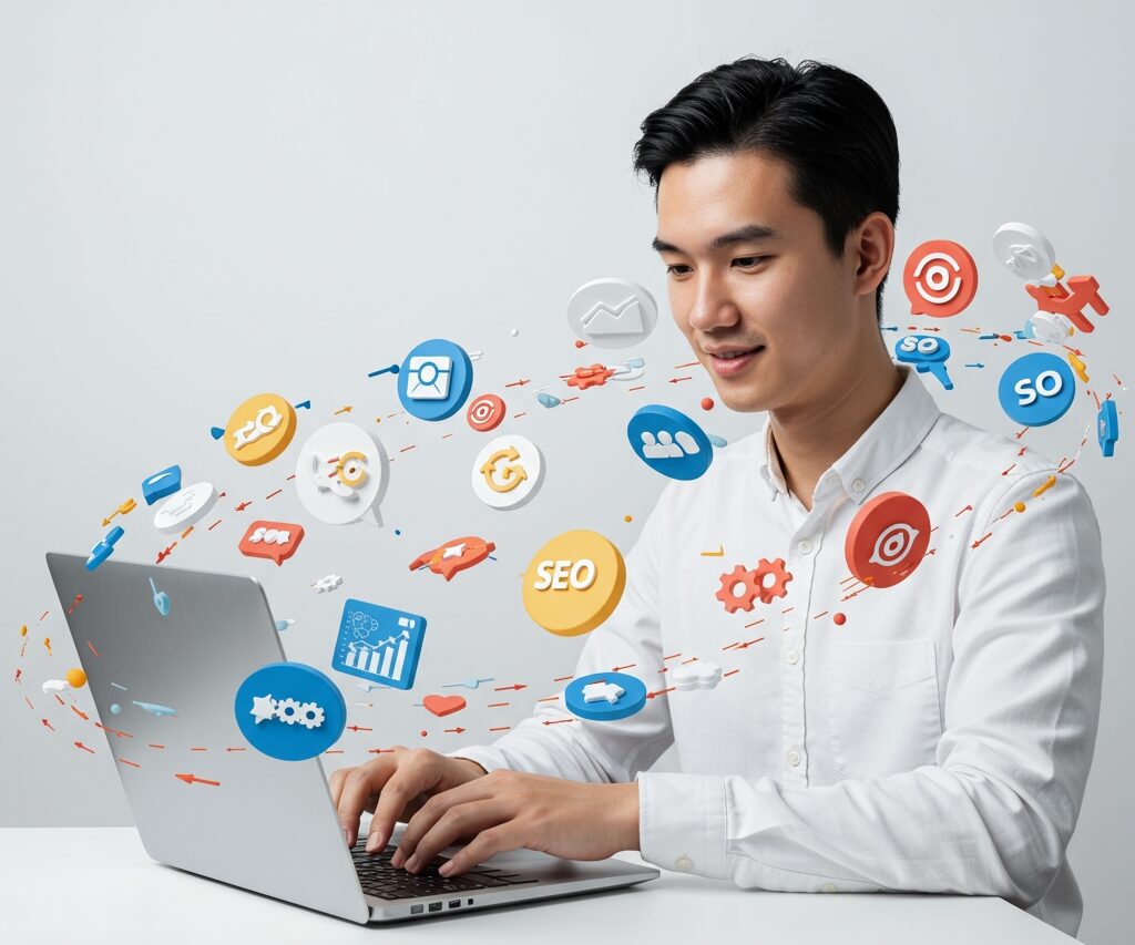 Digital marketing professional working on laptop with analytics dashboard, social media icons, and revenue growth charts displayed on screen