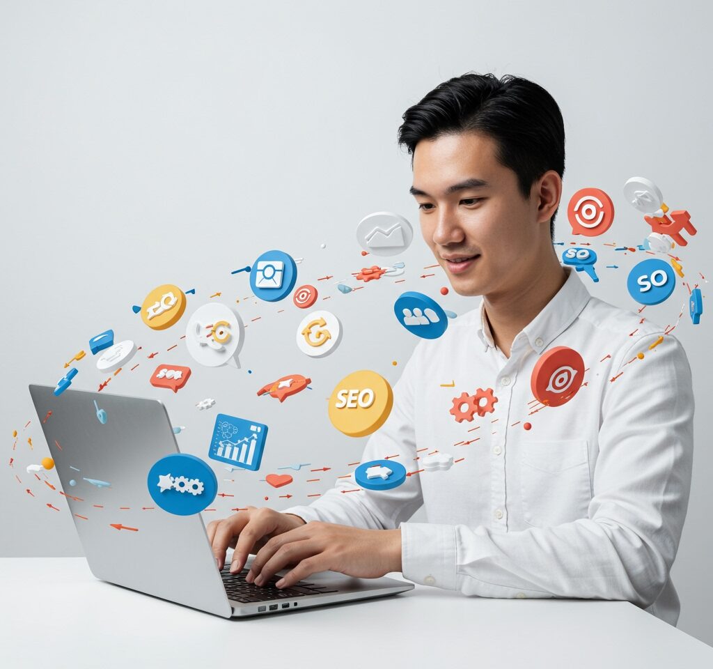 Digital marketing professional working on laptop with analytics dashboard, social media icons, and revenue growth charts displayed on screen