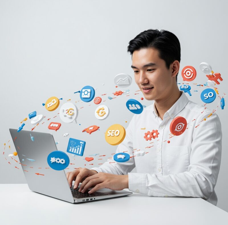 Digital marketing professional working on laptop with analytics dashboard, social media icons, and revenue growth charts displayed on screen