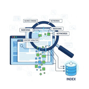 A simplified illustration of a search engine's indexing process, with a magnifying glass over a website, showing keywords and content being analyzed.