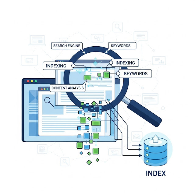 A simplified illustration of a search engine's indexing process, with a magnifying glass over a website, showing keywords and content being analyzed.