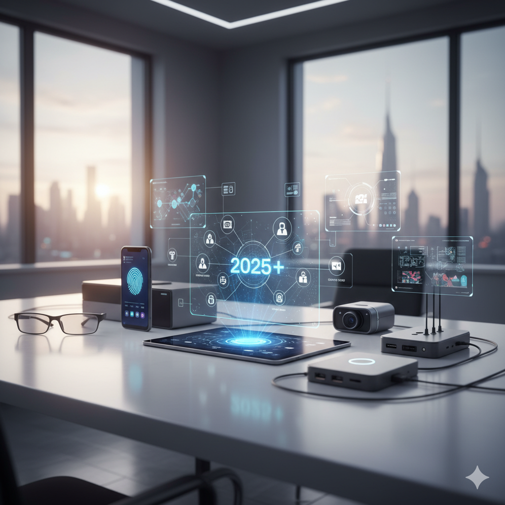 A sleek, modern desk setup showing various digital devices (tablet, phone, camera, hubs) overlaid with glowing, futuristic holographic interfaces representing interconnected marketing tools, data streams, and '2025+' text, against a city skyline.