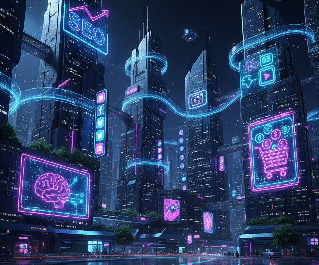 A futuristic or conceptual graphic representing digital marketing trends, including AI technology, data privacy, and personalized consumer experiences, set for 2025