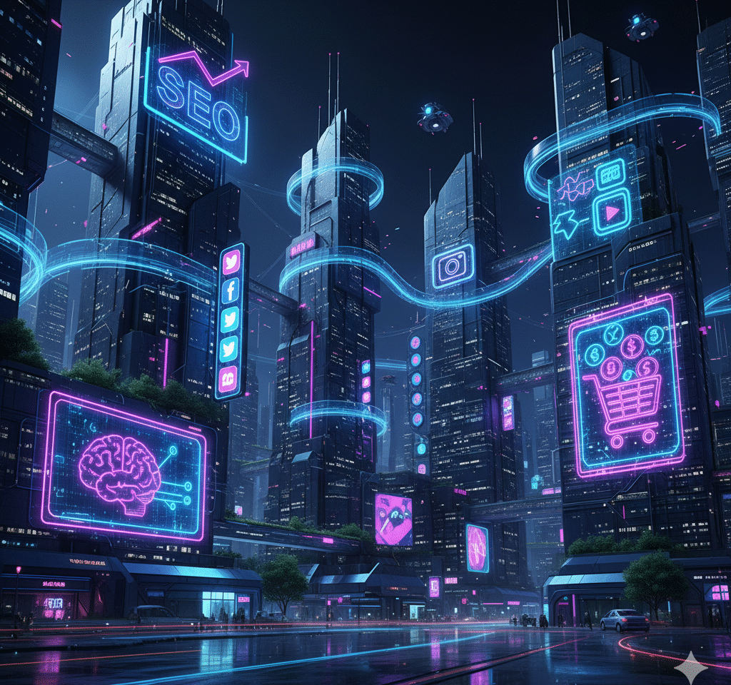 A futuristic or conceptual graphic representing digital marketing trends, including AI technology, data privacy, and personalized consumer experiences, set for 2025